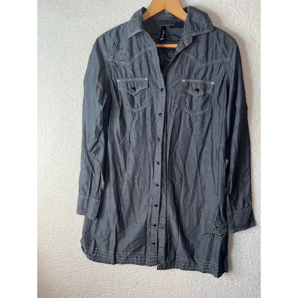 Cowgirl Up Western Snap Front Shirt Dress Gray Embroidered Fleur De Lis Medium